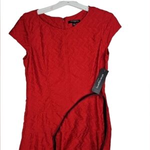 SHARAGANO Casual Dress Red Texture Flare Knees-length Cap Sleeves Size 12